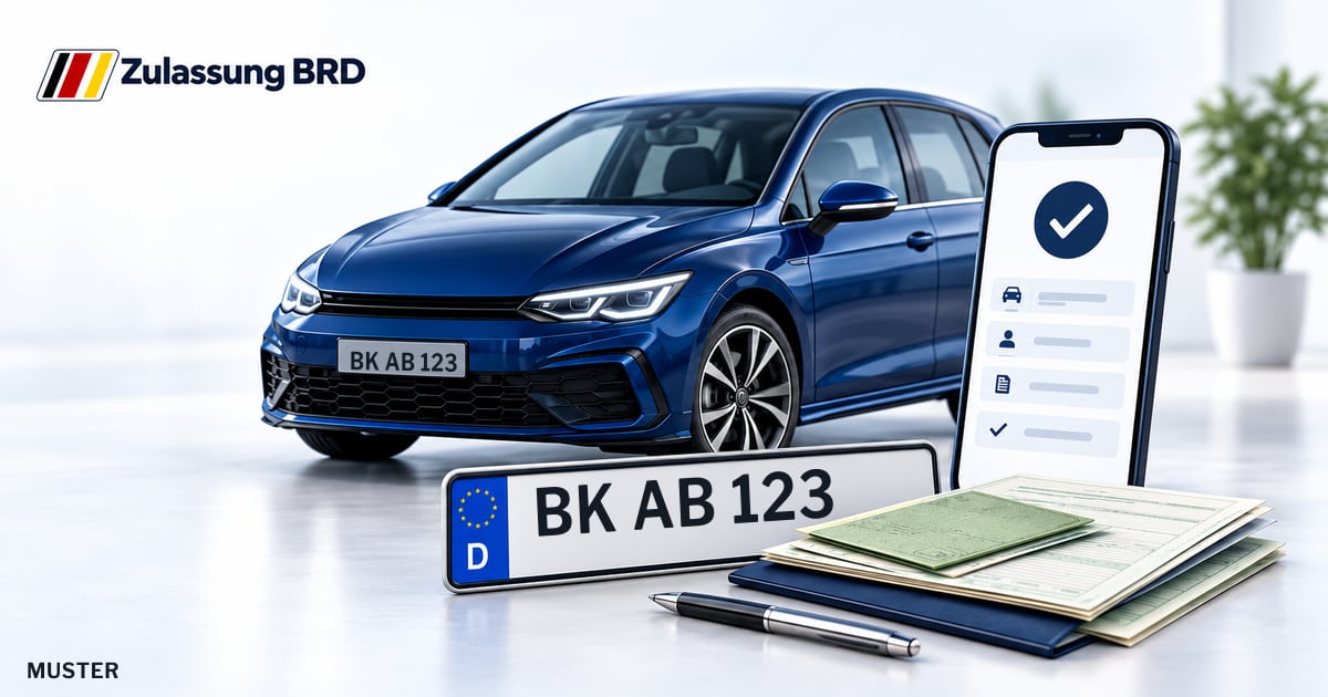 Online Fahrzeugzulassung in Haldensleben: Musterkennzeichen BK AB 123, Auto und Fahrzeugpapiere und Smartphone. Illustration mit Logo von Zulassung BRD.
